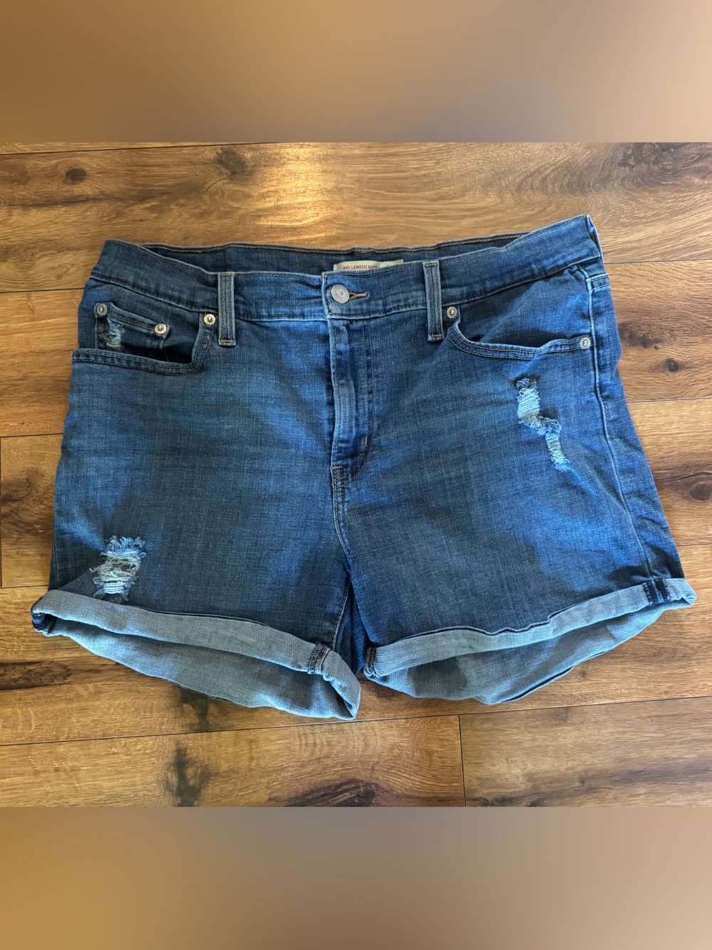 Levi's Dark Blue Rolled Hem Distressed Denim Shorts Waist Size 32